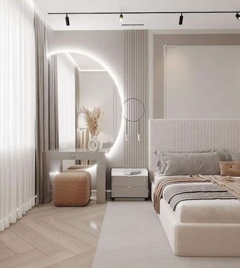 Dressing Area Behind Bed, Dressing Room With Sofa Bed, Bed Side Mirror Ideas, Dressing Unit, Spavaća Soba, Bedroom Interior Design Luxury, Bedroom Bed Design, Modern Bedroom Design, Elegant Home Decor