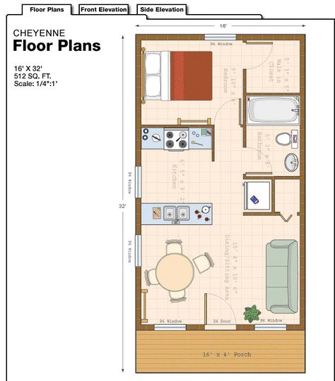 16 x 32 floor plan  Love this but I'd have to put a washer/dryer someplace. Studio Floor Plans, Small Floor Plans, Free Shed Plans, Cabin Floor, Plans Architecture, Cabin Floor Plans, Tiny House Floor Plans, Casa Container, Cottage Plan