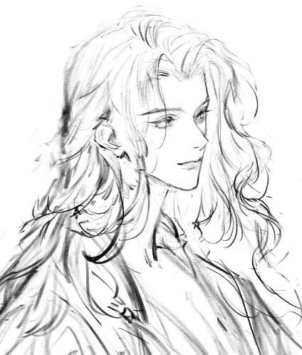 Wavy Long Hair Drawing, Washanapple Art, Hair Over Face Drawing, Cocky Smile Drawing Reference, Two Hand Reference, Long Hair Drawing Male, Man With Long Hair Drawing, Long Hair Side Profile, Hand In Hair Reference