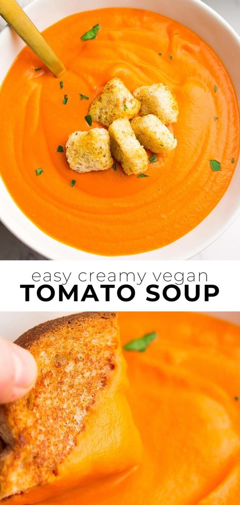 Easy Easy Homemade Tomato Soup, Easy Vegan Soup, Soup Tomato, Vegan Tomato Soup, Tomato Soup Homemade, Vegan Grilling, Vegan Soup Recipes, Dairy Free Cheese, Easy Soup