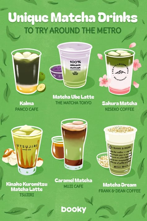 Unique Matcha Drinks, Matcha Cafe Design, Unique Coffee Recipes, Matcha Drink Aesthetic, Matcha Drinks, Homemade Recipe Books, Matcha Cafe, Drinks To Try, Iced Drinks Recipes