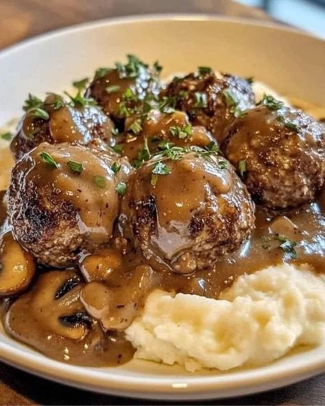 Ina Garten Recipes 🍔🍟🍕 | The Ultimate Salisbury Steak Meatballs with Mushroom Gravy 1lb Hamburger Meat Recipes, Meatballs With Mushroom Gravy, Homemade Salisbury Steak, Salisbury Steak Meatballs, Food Knowledge, Gravy Ingredients, Mushroom Gravy, Salisbury Steak, Hamburger Recipes