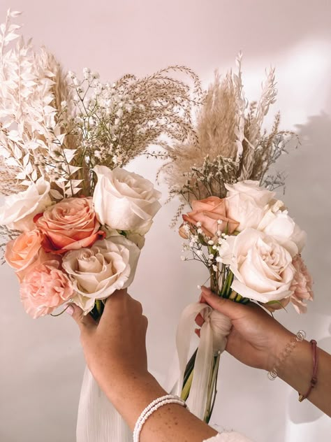 Bridesmaids Bouquets With Pampas, Pampas Grass Quinceanera, Pampas Grass And Pink Flowers, Small Pampas Bouquet, Pink And Pampas Bouquet, Pampas Grass And Roses Centerpiece, Spring Pampas Grass Wedding, Wedding Bouquets With Pampas, Pampas Grass And Eucalyptus Wedding