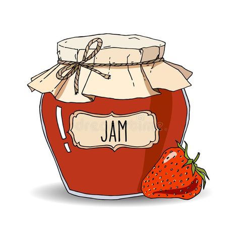 Hand Drawn Strawberry Jam Jar Stock Vector - Illustration of drawing, fashioned: 114434173 Cute Jam Jars Drawing, Strawberry Designs Drawing, Jar Illustration Cute, Things In Jars Drawing, Strawberry Jam Illustration, Jam Jar Painting, Jam Illustration Jar, Jar Drawing Aesthetic, Strawberry Jam Drawing