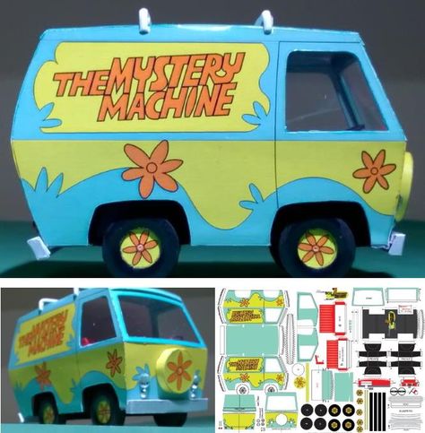 Mystery Machine Van Cardboard Diy, Van Template, Scooby Doo Van, Printable Paper Toys Templates, Mystery Machine Van, Paper Figures, Paper Toy Printable, Scooby Doo Halloween, Paper Model Car