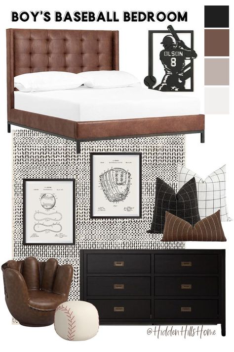 Modern Baseball Room Decor, Teen Bedroom Furniture Boy, Classy Sports Bedroom, Teen Boy Bedroom Beds & Frames, Dark Bonus Room Ideas, Dark Teenage Bedroom, Modern Baseball Bedroom, Teen Boy Bedroom Mood Board, Black Bed Boys Room