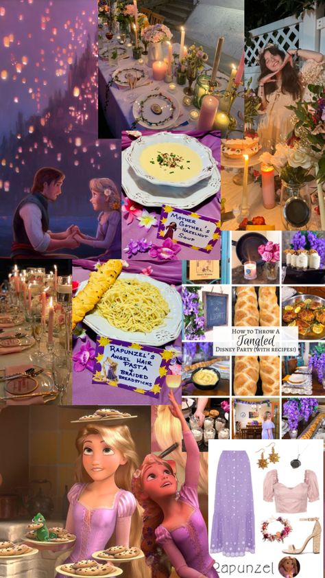 Rapunzel Aesthetic Birthday Party, Rapunzel Themed Dinner, Disney Themed Dinner Party, Rapunzel Snacks, Sleeping Beauty Dinner, Rapunzel Party Food, Disney Dinner Party, Disney Themed Party For Adults, Tangled Dinner