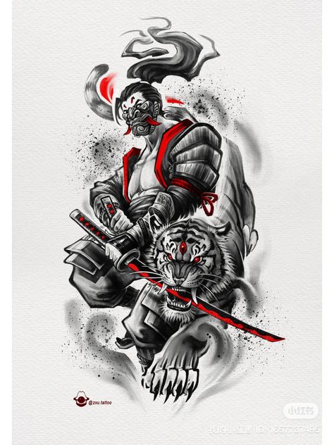 Samurai Tiger Tattoo Design, Samurai Tattoo Design Ideas For Men, Tiger Samurai Tattoo, Samurai Tiger Tattoo, Tiger Tattoo Design Men, Japanese Samurai Tattoo Design, Japanese Animal Tattoo, Japanese Dragon Tattoo Art, Japon Tattoo