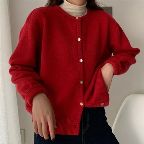 Cardigan Women Solid Crew Neck Retro Basic Jumper Sweater Knitted Harajuku Long Sleeve Loose Outerwear Chic Casual Daily Autumn Ripped Jeans Style, Ripped Jeans Women, Mom Pants, Autumn Days, Hijabi Outfits, Red Cardigan, Cardigan Women, Chic Casual, Fall Baby