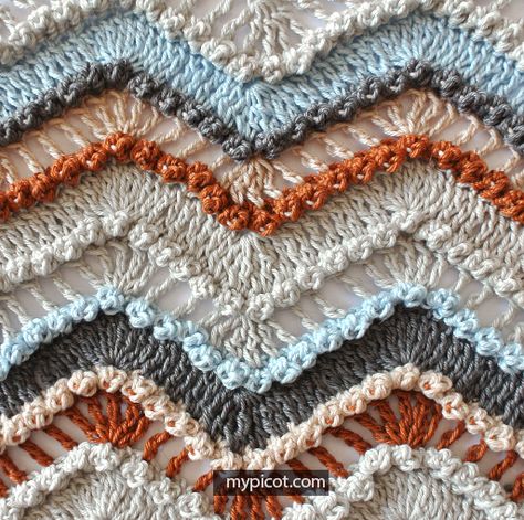 My Picot Free Crochet Patterns, Chevron Stitch Crochet, Picot Crochet, Ripple Stitch, Chevron Crochet, Advanced Crochet, شال كروشيه, Crochet Cable, Crochet Square Patterns