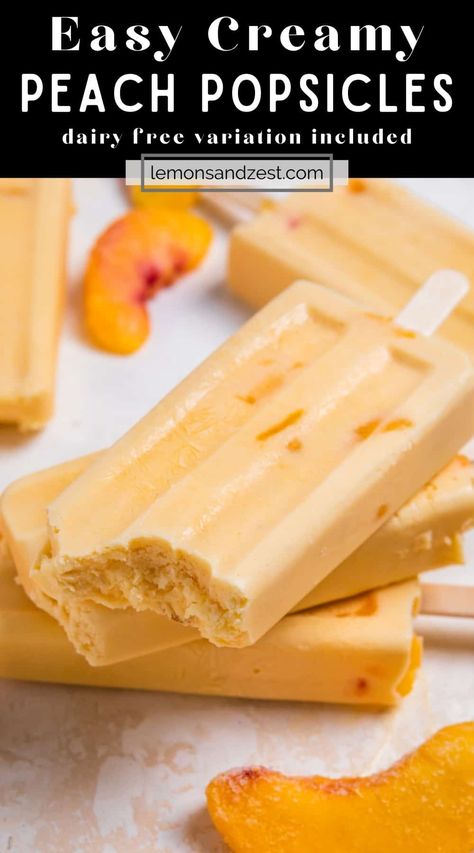 Peach Creamsicle, Homemade Smoothie Popsicles, Peach Popsicle Recipes, Creamy Popsicle Recipes, Homemade Peach Popsicles, Mexican Popsicles, Honey Popsicles, Home Made Popsicles With Fruit, Peaches And Cream