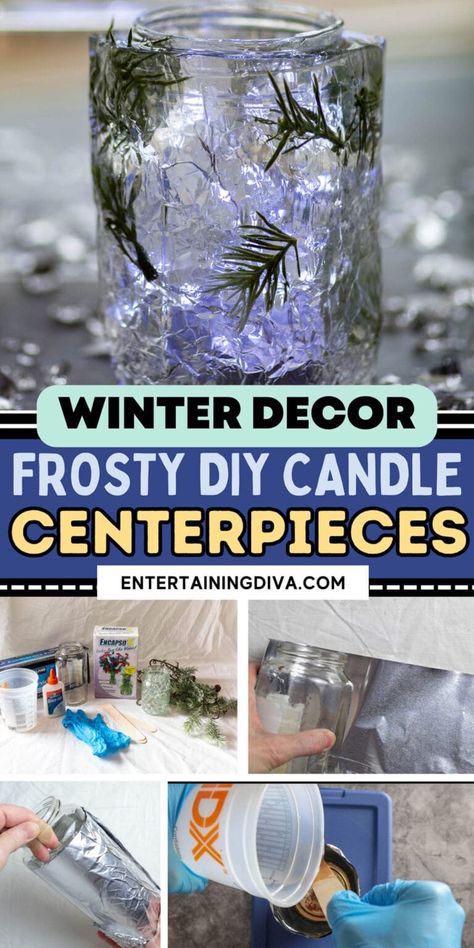 Winter Wonderland Decor: DIY Faux Ice Candle Holders | All White Party Winter Centerpieces Diy, Diy Winter Wonderland Decorations, Winter Wonderland Centerpieces, Simple Centerpieces Diy, Winter Wonderland Decor, Snowflake Centerpieces, Ice Candle, Wonderland Decor, Diy Centerpiece