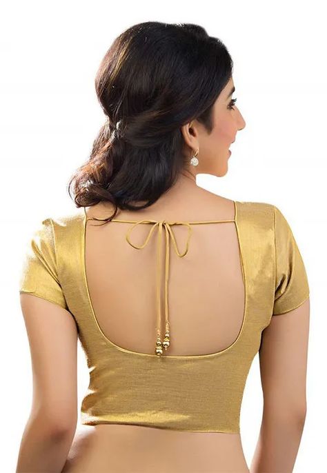 Golden Blouse Design, Golden Blouse, Shimmer Blouse, Saree Backless, Open Blouse, Backless Blouse Designs, Saree Blouse Neck Designs, Sari Blouse Designs, Silk Saree Blouse Designs