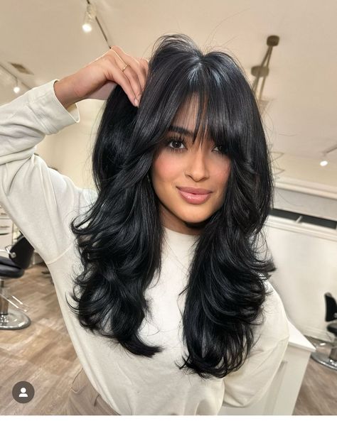 Long Bangs With Layers, Black Hair With Bangs And Layers, Medium Layered Hair With Curtain Bangs, Hairstyles For Oval Face Shape, Hairstyles For Oval Face, Dark Hair Color Ideas, Oval Face Bangs, Dark Hair Color, Fall Haircuts