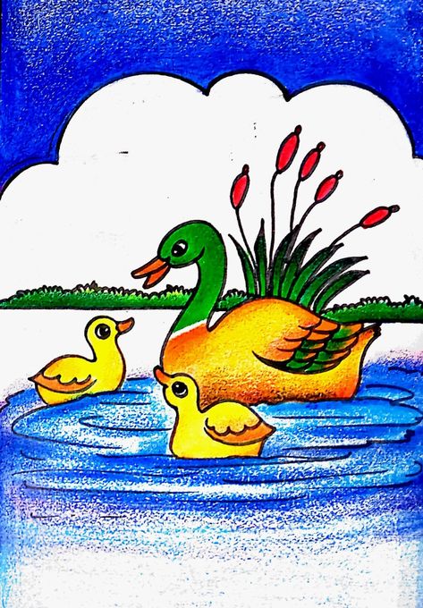 Duck Scenery Drawing, Landscape Paintings Pencil, Water Easy Drawing, Didactic Games, Drawings For School, Intermediate Drawing, Holi Drawing, Pond Drawing, Easy Drawing For Beginners