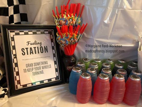 Fuel Station Birthday Party, Racing To 3 Birthday, Fuel Up Station Party, Shifting Into 3rd Year Birthday, Pit Crew Birthday Party, Cars Movie Themed Food, Three Year Old Car Birthday, Racecar 2nd Birthday Party, Cars Diy Birthday Party