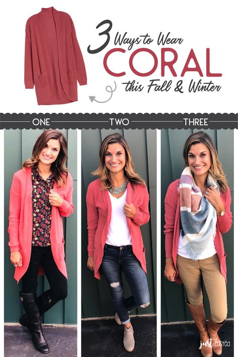 3 Different Ways & Style to wear this Coral Cardigan this Fall & Winter! It is easy to wear casually or dressed up! In this post, I show you how to wear all the colors in the Rainbow this Fall & Winter! Coral Cardigan Outfits, Coral Outfits, Outfit Minimalista, Coral Outfit, Coral Cardigan, Spring Colours, Professional Outfits, Winter Outfits Women, Spring Summer Outfits