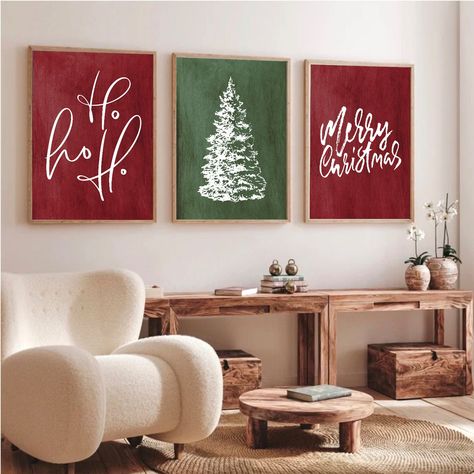 "Many more Christmas Wall Art Prints are available in my Shop! https://etsy.me/3VnJ3R6 Add some Christmas cheer to your holiday decor with this set of 3 Green and Christmas printable wall art. It's perfect as you can print right away and arrange it to fit any space. Simply download the files and print! THIS IS A DIGITAL DOWNLOAD, NO PHYSICAL PRODUCT WILL BE SHIPPED  You will receive  5 High-Resolution JPG files at 300 DPI that can be printed at any of the following sizes: ~2x3 Ratio for printing Red And White Christmas Mantle Decor, Christmas Cricut, Christmas Decorations Bedroom, Christmas Bedroom, Navidad Diy, Christmas Canvas, Christmas Printable, Christmas Poster, Christmas Frames