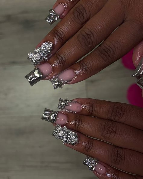 Appointments available 🩶 #nails #nailtech #acrylicnails #chromenails #jacksonmsnailtech #shortnails #freestylenails #squarenails #manicure #atlantanailtech #atlnailtech #explorepage Good Bling Nails, Chrome Nails Gems, Sliver Nails Black Women, Silver Junk Nails, Hoco Nails Silver, Silver Nails Square, Grey White Nails, Bling Nails Short, Silver Short Nails