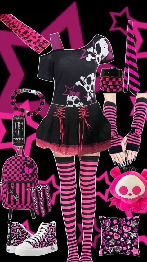 29649 Hot Pink Scene Outfit, Scene Pink Outfit, Scene Inspo Outfit, Scene Pjs, Emo Cute Outfits, Scene Outfits Ideas, Nightcore Outfits, Pink Scene Outfits, Scene Style Outfits