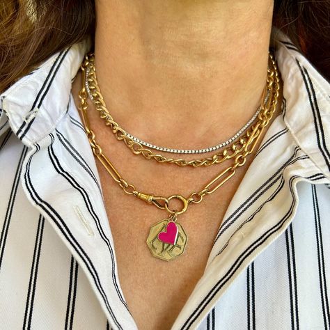 SK neck stack with SK fine love charms! It’s like this duo was made for each other 😉 ! Wearing her personal chains with our trademark ‘Don’t Stop’ the 💗 pendants! Order your own online, feel free to dm with any questions! #lovecharms #midlifewomen #cominginhot #skfj #designerjewelry #samanthaknightfinejewelry #skfine #uniquejewelryfinds #boldstyle Neck Stack, Made For Each Other, Midlife Women, Love Charms, Bold Fashion, Jewelry Design, Fine Jewelry, Charms, Feel Free