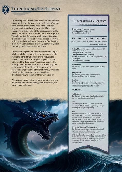 Dungeons And Dragons Monsters, Dungeons And Dragons Classes, D D Monsters, Dnd 5e Homebrew, Dnd Dragons, Sea Serpent, One D, Dnd Monsters, Cool Monsters