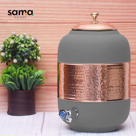 SAMA 8ltrs Pure Copper Silk Grey Half Hammered Water Dispenser (Matka) by SamaHomes on Etsy Copper Utensils, Water Dispenser, Artisan Craft, Pure Copper, Traditional Design, Timeless Beauty, Water Bottles, Copper, Pure Products