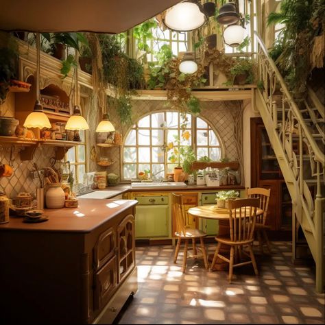 Cottage Core House Interior Kitchen, Treehouse Inspired Home, Vintage Tropical Interior Design, Cottage Aesthetic Dining Room, Art Deco Tiny House, Cute House Interior Aesthetic, Balinese Interior Living Rooms, Cottagecore Townhouse, Shire Inspired Home