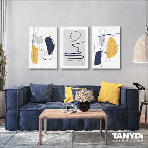 Living Room Minimal, Art Apartment Decor, Room Minimal, Art Apartment, Abstract Posters, Boho Gallery Wall, Wall Living Room, Blue Yellow Grey, Gallery Wall Living Room