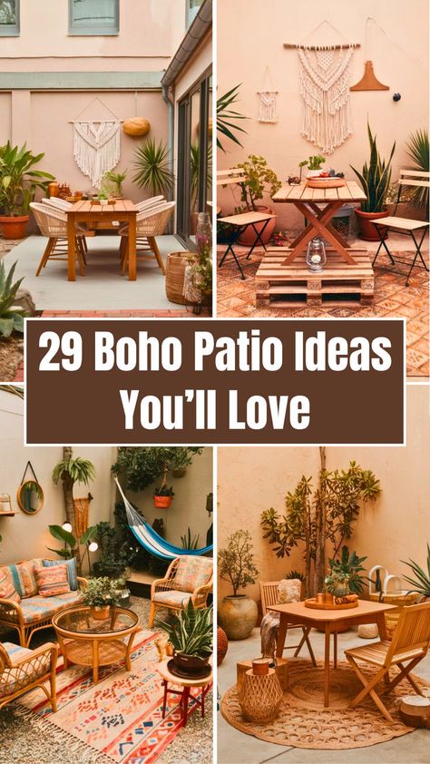 Beautiful boho patio featuring eclectic decor, patterned rug, layered pillows, potted plants, and cozy seating under string lights. Boho Patio Ideas, Dream Patio, Boho Patio, Cozy Boho, Vibrant Rugs, Entertainment Space, Patio Ideas, Eclectic Decor, Decorating Tips