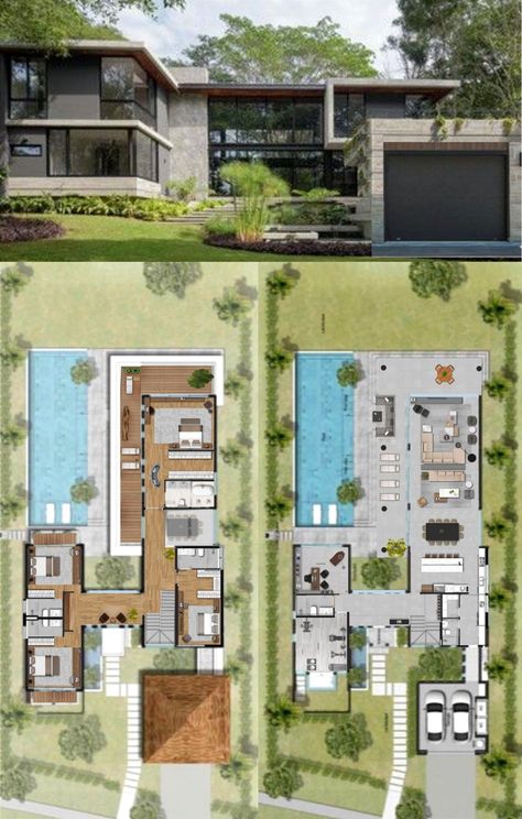 One Floor House Design Modern With Pool, Modern Farm Layout, 400 M2 House Plan, Morden House Design Exterior, Modern Courtyard House Design, L House Plans 2 Floor, Contemporary House Layout, Modern Mansion Plans, Courtyard House Plans Modern