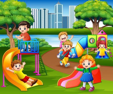 Happy children playing in the school pla... | Premium Vector #Freepik #vector #public-park #playground #play-ground #school-playground Playground Clipart, School Wall Art Ideas, School Door Decorations, Picture Composition, School Wall Art, School Cartoon, Kids Background, School Playground, Preschool Art Activities