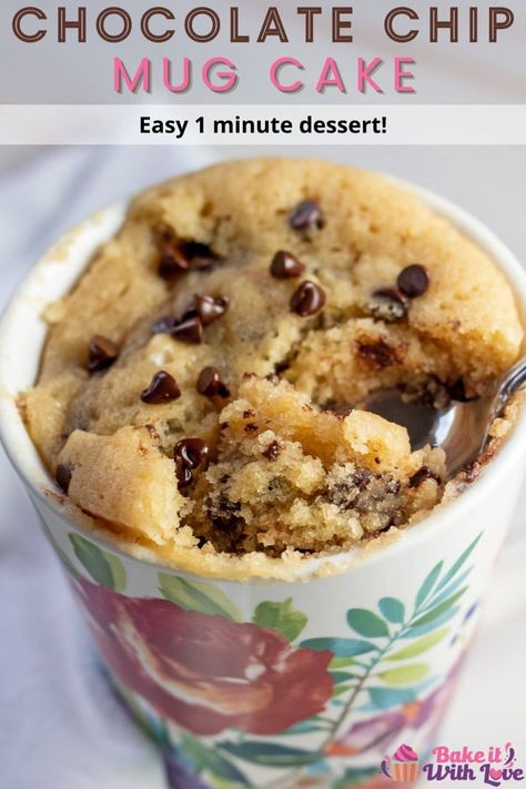 This fluffy, warm chocolate chip mug cake bakes in the microwave and has all the decadence you want from a dessert in a single serving! #bakeitwithlove #mugcake #1minutedessert #chocolatechip #easydessert #recipe White Chocolate Chip Mug Cake, Easy Cake In A Mug Recipes, Quick Single Serving Dessert, Cooking In A Mug, Microwave Cakes In A Mug, Best Cookie In A Mug Recipe, Best Cake In A Mug Recipes, Mug Treat Recipes, How To Make A Microwave Cake