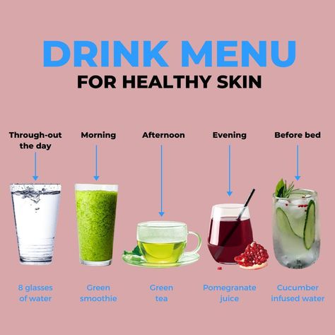 ✨ Enhance your skin from the inside out with our curated drink menu for healthy skin! 💦 Hydrate with water, boost antioxidants with green smoothies, calm inflammation with green tea, promote collagen production with pomegranate juice, and refresh your complexion with cucumber infused water. 🥒🍵🌿 Cheers to glowing skin! ✨ #HealthySkinChoices #DrinkMenu #SkincareFromWithin #BeautyTips #NaturalGlow #HydrationIsKey #AntioxidantsForSkinHealth #CollagenBoosters #NourishYourSkin #DrinkToYourHealth Diy Collagen Drink, Drinks For Healthy Skin, Skin Detox Drink, Water Detox Recipes, Cucumber Infused Water, Collagen Smoothie, Collagen Water, Water Detox, Collagen Drink