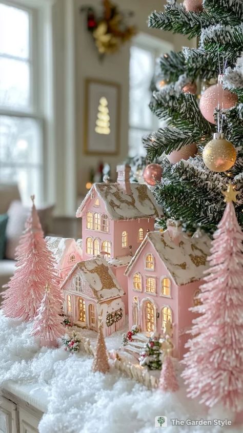 Pink Christmas Village, Outdoor Christmas Decorations Ideas, Christmas Preppy, Pastel Christmas Decor, Pink Christmas Decor, A Pink Christmas, Pink Xmas, Preppy Christmas, Pink Ornament