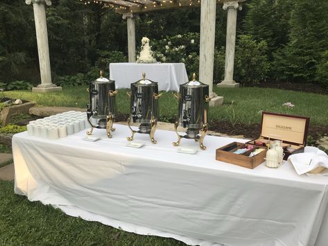 The perfect way to compliment your wedding cake? Ask us to setup a coffee and hot tea station for your guests! #coffeeanddessert #dessert #weddings @generallewisinn Tea Station Wedding, Hot Tea Station, Coffee Station Wedding, Coffee And Tea Station, Tea Station, Coffee Stands, Coffee Station, Hot Tea, A Coffee