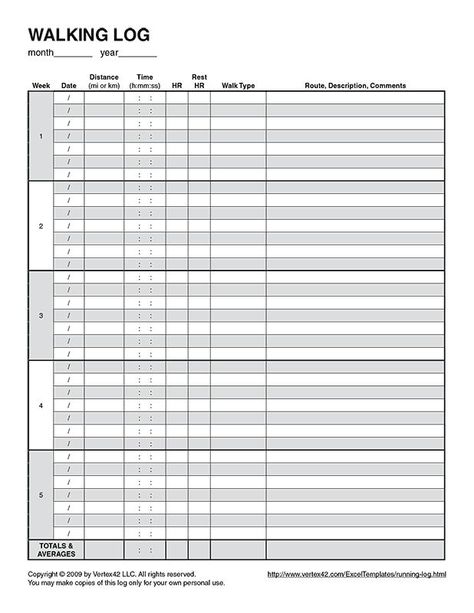 Free printable Walking Log (PDF) from Vertex42.com Workout Log Printable, Workout Logs, Workout Plan Template, Exercise Log, Walking Program, Walking Club, Free Workout Plans, Walking Fitness, Workout Tracker