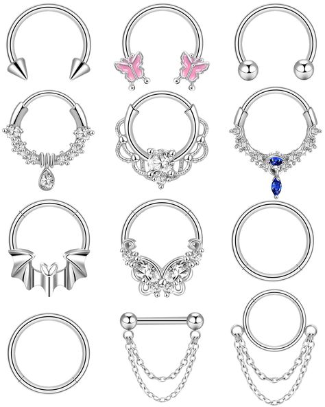 PRICES MAY VARY. PACKAGE INCLUDE - A plastic box come to you with 12 pcs small septum rings for women in silver color, includ plane dangle chain septum ring, butterfly, teardrop, bat, horseshoe, CZ and chain styles. Dainty septum piercings can easy match your daily wear and make you look more fashionable. HYPOALLERGENIC MATERIAL - Cute septum jewelry are made of stainless steel, lead & nickel free, friendly to sentive skin. The surface of septum nose rings have highly polished, which are very sm Small Septum Piercing, Cute Septum Rings, Septum Nose Piercing, Lip Piercing Jewelry, Septum Piercing Jewelry, Septum Hoop, Lip Rings, Daith Piercing Jewelry, Septum Nose Rings