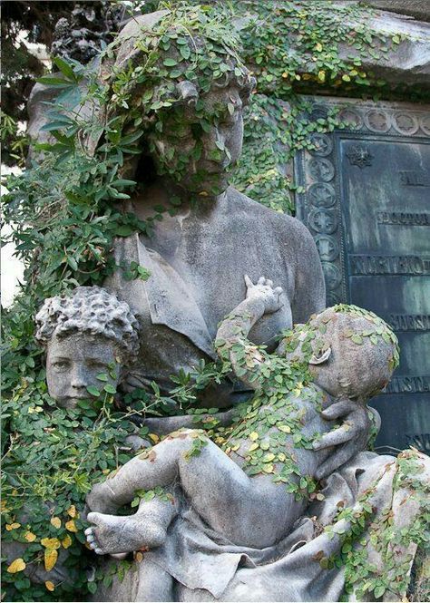 Plant Overgrowth, Mossy Statue, Overgrown Statue, Growth And Decay, Detailed Paintings, Cemetery Art, Georges Braque, Diy Planters, Sculptures & Statues