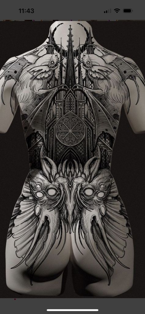 Back Tattoo Alternative, Back Piece Women Tattoo, Large Back Piece Tattoo, Full Backpiece Tattoo For Women, Heavy Black Work Tattoo, Occult Sleeve Tattoo, Creepy Back Tattoos, Satanic Back Tattoo, Gothic Cathedral Back Tattoo