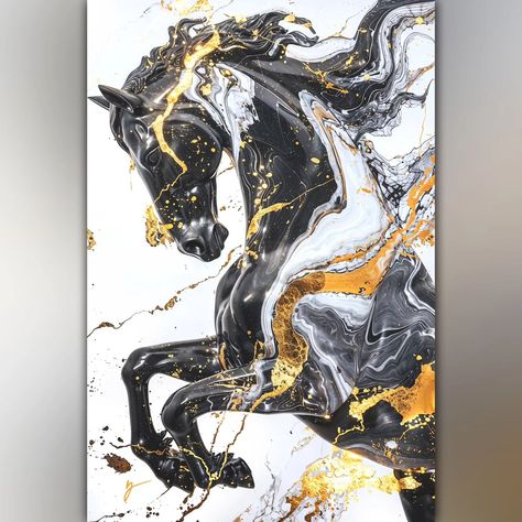 Title Midnight Carousel Artist Greg Collins Medium Painting - Digital Painting Description In the enchanting painting "Midnight Carousel," a marbled black and white carousel horse stands as a mesmerizing focal point against a light, almost dreamlike background. The horse’s coat, a stunning interplay of deep black and pure white, is adorned with delicate streaks of shimmering gold, adding an air of opulence and fantasy. The artist's expert brushwork captures the intricate details of the car... Greg Collins Art, Black And Gold Artwork, Messy Drawings, Black Horse Painting, White Carousel, Painting With Gold Leaf, Horse Art Drawing, Neon Paint, Gold Artwork