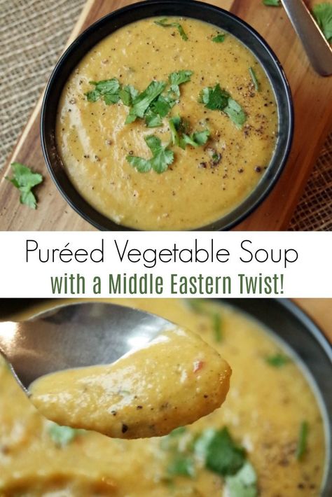 This pureed vegetable soup recipe is loaded with healthy vegetables.  Coconut milk and harissa paste give it a creamy, Middle Eastern twist.  via @DianeHoffmaster  #souprecipes #veganrecipes #meatlessmonday Pureed Vegetable Soup, Puree Soup Recipes, Best Vegetable Soup Recipe, Vegetable Puree Soup, Best Chicken Noodle Soup, Vegetable Soup Healthy, Vegetable Soup Recipe, Harissa Paste, Pureed Soup