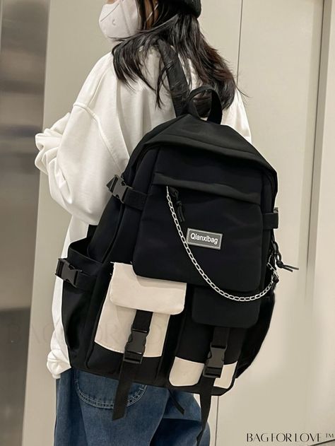 BagForLove - Graduate & Student Colorblock Letter Patch Chain Backpack - Ideal for College & High School Korean Bags, High School Bags, Korean Bag, Black School Bags, Stylish School Bags, Aesthetic Backpack, My Style Bags, Aesthetic Bags, Chain Decor