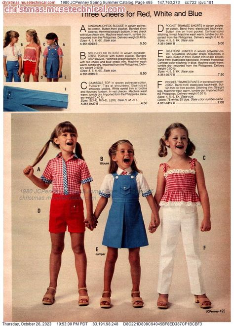 1980 JCPenney Spring Summer Catalog, Page 495 - Catalogs & Wishbooks 80s Fashion Kids, 1980s Kids, 1980 Fashion, Vintage Kids Clothes, Checked Blouse, 80’s Fashion, 80s Outfit, 90s Outfit, Gingham Check