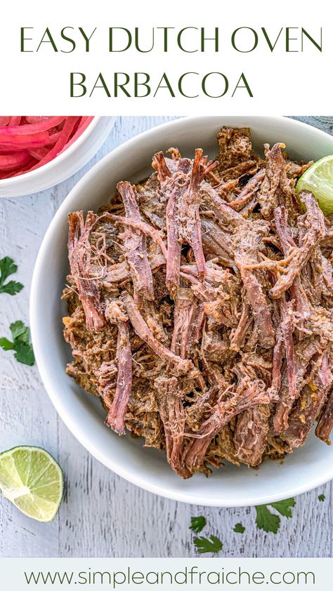 This Dutch Oven Beef Barbacoa recipe is an absolutely flavor-filled fiesta that also happens to be incredibly easy to make. The beef is seasoned and cooked low and slow until perfectly tender. Barbacoa can be used to make tacos, salads, burritos, or even nachos. All that is required is to sear the meat, add the seasonings, and the oven does the rest! Easy Barbacoa Recipe, Dutch Oven Beef, Beef Barbacoa, Shredded Beef Tacos, Barbacoa Recipe, Quick Pasta Dishes, Barbacoa Beef, Spicy Salsa, Beef Chuck Roast