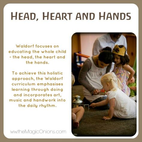 Educating through the Head, the Heart and the Hands  Discovering Waldorf  www.theMagicOnions.com Waldorf Education Activities, Waldorf Lessons Kindergarten, Wardolf Education, Waldorf Daily Rhythm, Waldorf Time Main Lesson, What Is Waldorf Education, Steiner Waldorf Education, Earth School, Waldorf Kindergarten