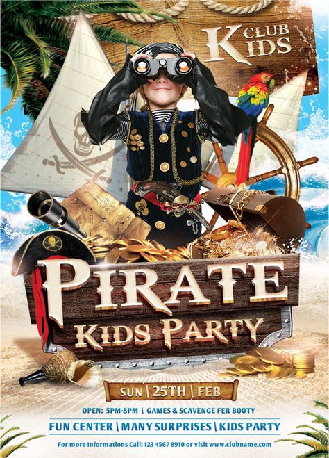 Pirate Kids Party Flyer Template on Behance Pirate Poster Design, Pirate Graphic Design, Pirate Kids Party, Pirates Poster, Pubmats Ideas, Pirates Design, Kids Pirate Party, Pirate Design, Dj Flyer