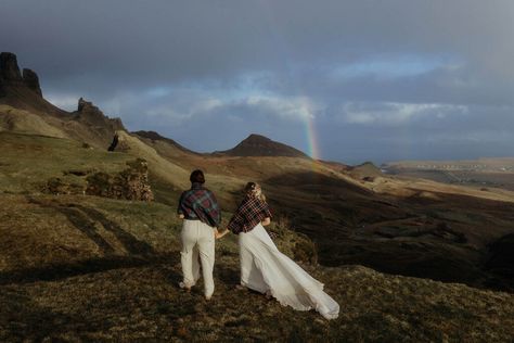 Libby (she/her)and Kristy (she/her) traveled to the Isle of Skye, Scotland, from their home in Florida for their November destination micro wedding. The post A destination queer micro wedding in Scotland with handfasting and a humanist ceremony appeared first on Equally Wed | LGBTQ+ wedding magazine and wedding directory of LGBTQ-inclusive wedding pros. Outdoor Lesbian Wedding, Boho Lgbtq Wedding, Lesbian Destination Wedding, Lgbtq Wedding Photos, Lesbian Elopement Mountains, Natural Waterfalls, White And Pink Roses, Fairy Pools, Alternative Wedding Dresses