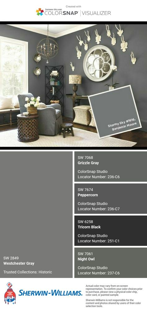 Grey House Paint Interior, Dark Gray Black Paint Colors, Gray House Paint Interiors, Sw Dark Grey Paint Colors, Rich Gray Paint Color, Charcoal Interior Paint, Deep Grey Paint, Grey Painted Walls Living Room, Man Office Paint Colors