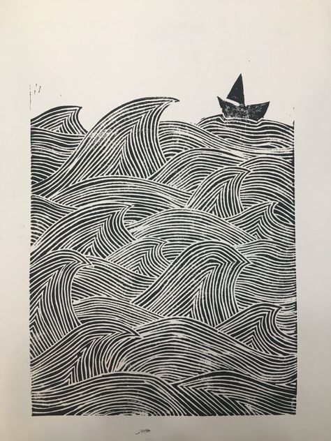 Sea Lino Print, Waves Linocut, Sea Linocut, Sea Line Art, Linolium Printing, Lino Cut Ideas, Linocut Art Ideas, Lino Print Ideas, Lino Cut Art